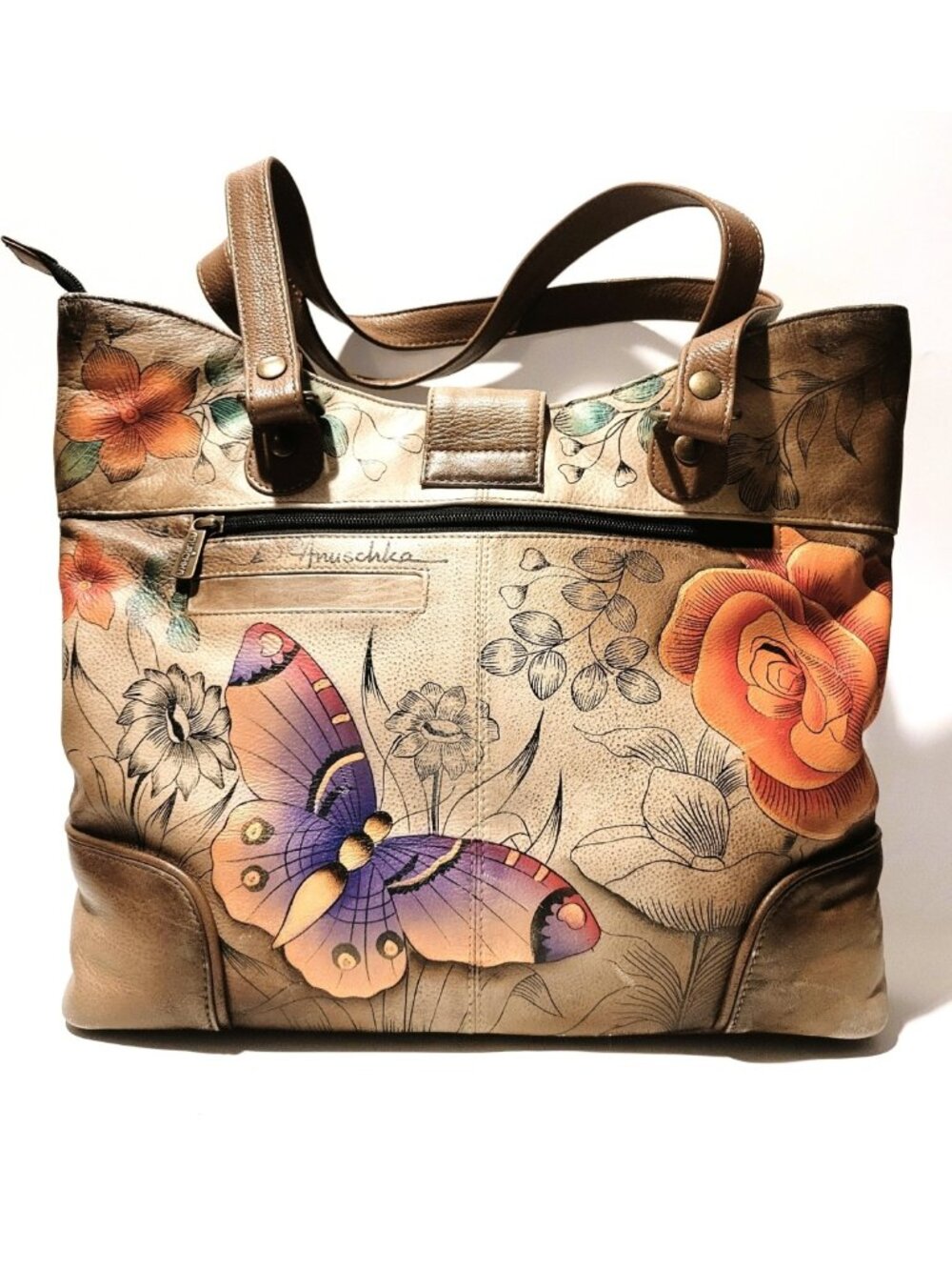 Anuschka Purse Genuine Leather Butterfly Rose Hand Painted 13x12x4 Inch Handbag - Picture 10 of 16